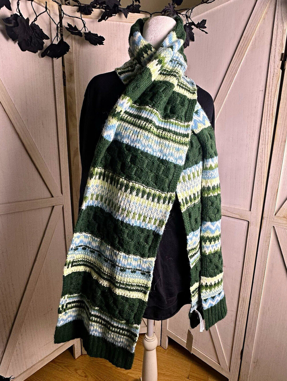 NWT Talbots Fair Isle Cable Knit Winter Scarf Forest Green Blue Coziness Nordic